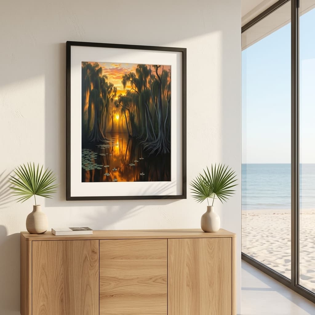 Framed artwork in a coastal home