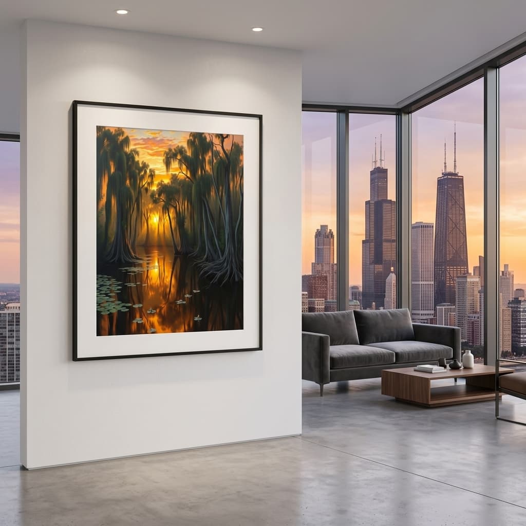 AI-generated artwork professionally framed in a modern penthouse